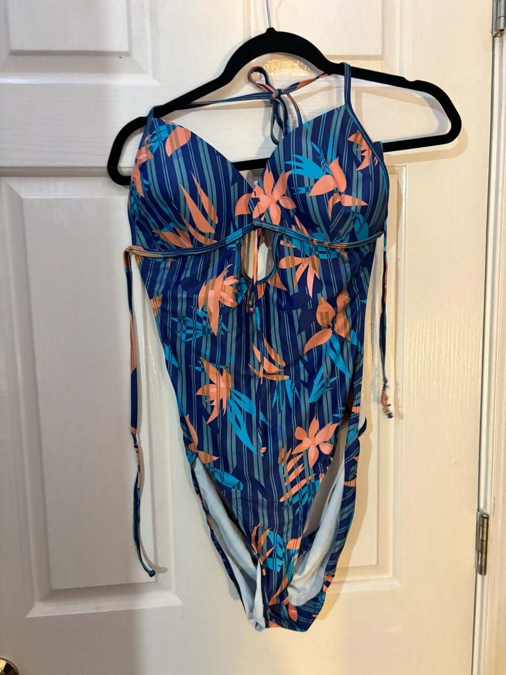 Blue Tropical Floral Print Halter One-Piece Swimsuit Size XL